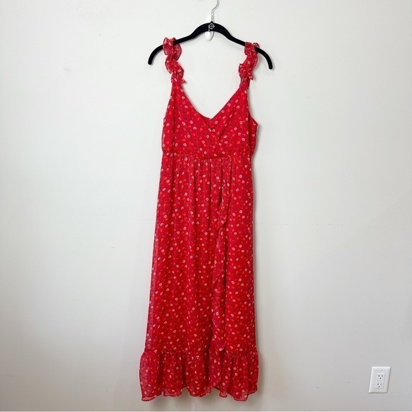 Madewell Ruffle Strap Wrap Dress Metallic Stripes Prairie Posies Red Floral - Picture 3 of 11